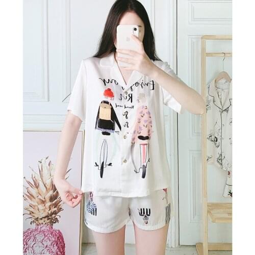 Summer Short-sleeved Womens Pajamas Ins Wind Cute Cartoon Womens Silk Loose Home Service Suit Satin Plus Size Womens Pajamas