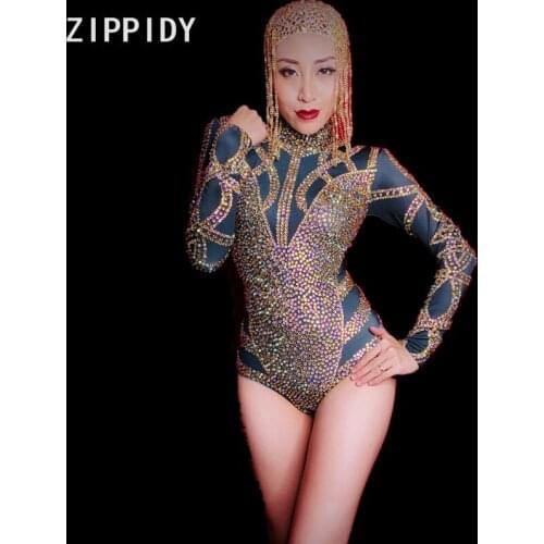 Fashion Sexy Multicolor Bright Stones Bodysuit Womens Celebrate Outfit Nightclub Dance Wear Bodysuit Performance Clothes
