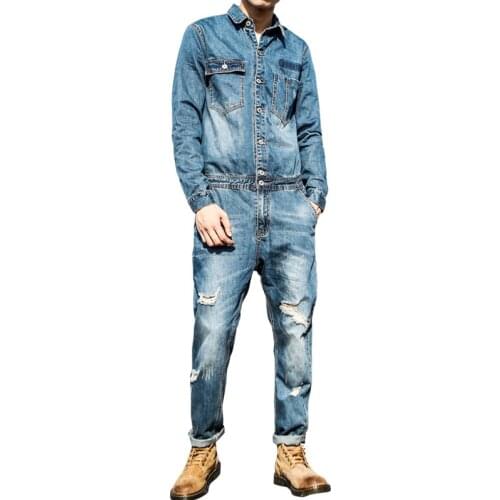 Overalls Hip-hop Denim jacket Suit Mens Korean-style Slim Denim jacket Retro Locomotive tooling Bodysuit