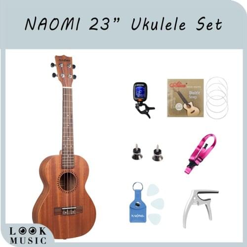 NAOMI Acoustic Concert Ukulele Starter Kit 23 Inch Sapele Wood Ukulele w/Strap Tuner Strings & Picks