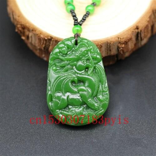 Natural Green Jade Dragon Pendant Necklace Chinese Hand-Carved Charm Jewelry Fashion Accessories Amulet for Men Women Lucky Gift