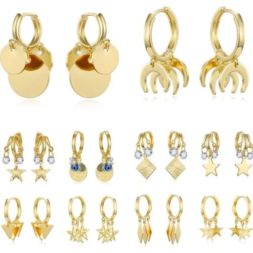 New Hollow Star Triangle Rhinestone Hoop Earrings Punk Trendy Gold Metal Multilayer Circle Evil Eye Ear Stud Women Jewelry