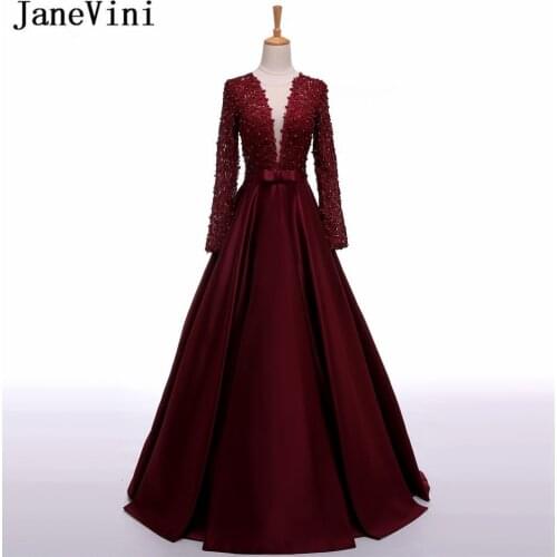 JaneVini 2018 Burgundy Pearls Mother of The Bride Dresses A Line Lace Long Sleeve Floor Length Satin Evening Gowns Abend Kleider