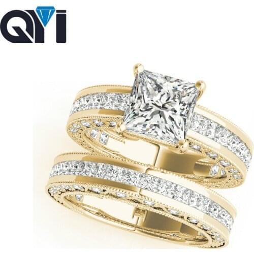 QYI 14k Solitaire Engagement Ring Sets 7X7mm Square Cut Simulated Diamond Bridal Jewelry Women 14K Yellow Gold Wedding Bands