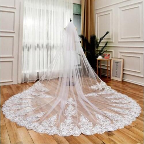 Luxury Bridal Wedding Shawl White/Ivory Full Edge Lace Applique One Tier Cathedral Bridal Veil + Comb