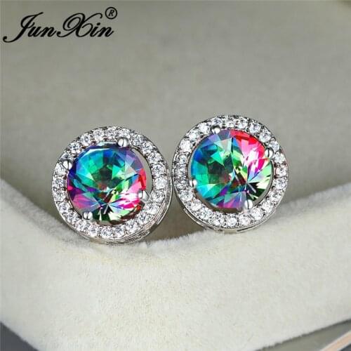 Female Rainbow Crystal Round Earrings White Gold Rose Gold Wedding Jewelry Cute Ear Studs Zircon Stone Stud Earrings For Women