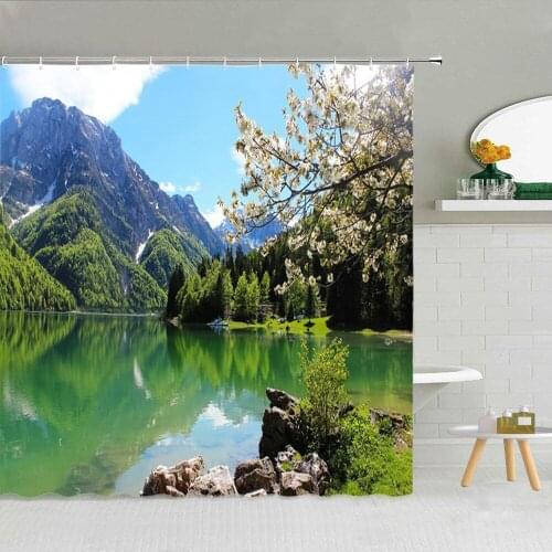Spring Natural Scenery Shower Curtain Mountain Green Plant Flower Lake Forest Landscape Bathrrom Decor Fabric Hooks Curtains Set