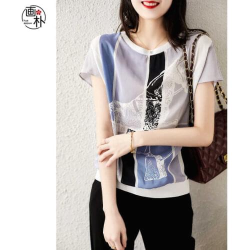 Contrast printed short sleeve T-shirt womens 2020 summer new pullover round neck fashion commuter coat