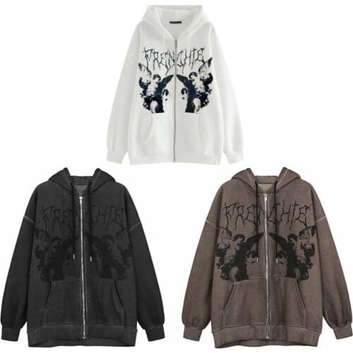 Autumn Women Hip-hop Streetwear Hooded Jacket Angel Dark Print Coat Harajuku Sweatshirts Zipper Tops Punk Hoodies Coats