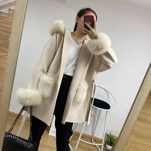 Women Winter Jacket Wool and Cashmere Blends Coat with Hood Genuine Fox Fur Cardigan Female Thickening Warm Overcoat