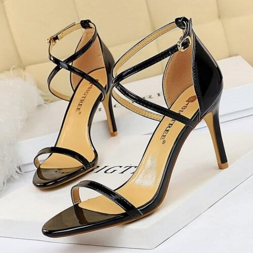 Women Patent Leather Buckle Strap High Heels Sandals Nightclub Sexy Dress Party Heel Shoes Woman Pumps 11cm