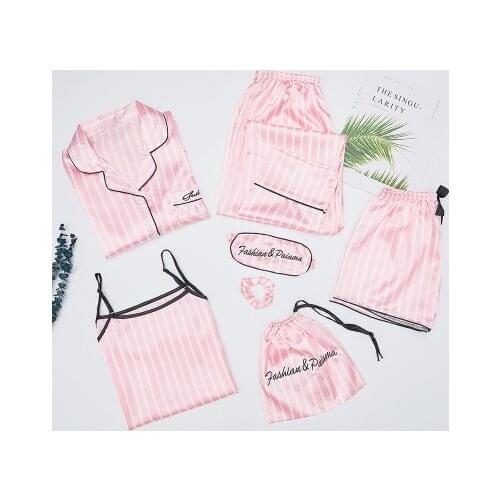 Women 7PCS Sleepwear Set Pink Print Kimono Robe Gown Bride Bridesmaid Wedding Robe Suit Gift Casual Satin Nightwear Homewear