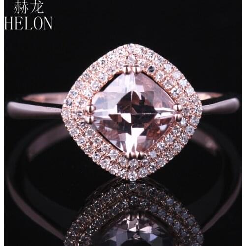 HELON Real 10K Rose Gold Certified Cushion 0.94ct Natural Morganite Diamond Wedding Ring For Women Trendy Fine Jewelry Ring Gift