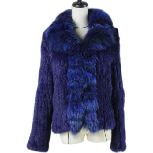 Knitted real rabbit fur coat overcoat jacket with fox fur collar Russian women winter thick warm genuine fur coat C17