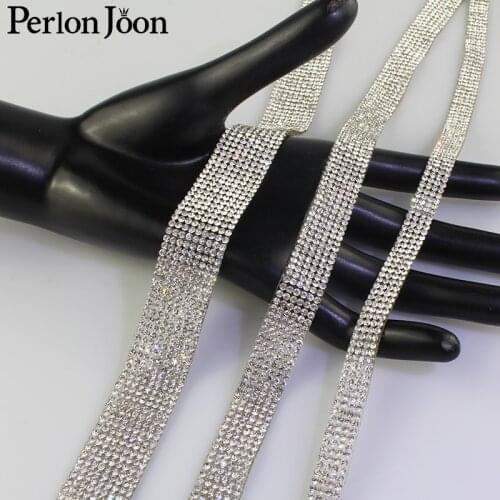 1 yard 0.9-1.8cm Arranged Motif white crystal Hot Fix Rhinestone Tape trim ribbon Iron Appliques for Dress shoe adornment TR001