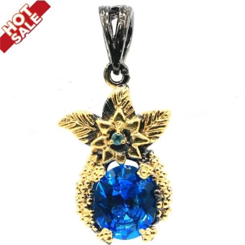 38x18mm Unique Vinitage 6.2g Flowers Created Aquamarine Paris Blue Topaz Tanzanite Cool Black Gold Hiphop Silver Pendant