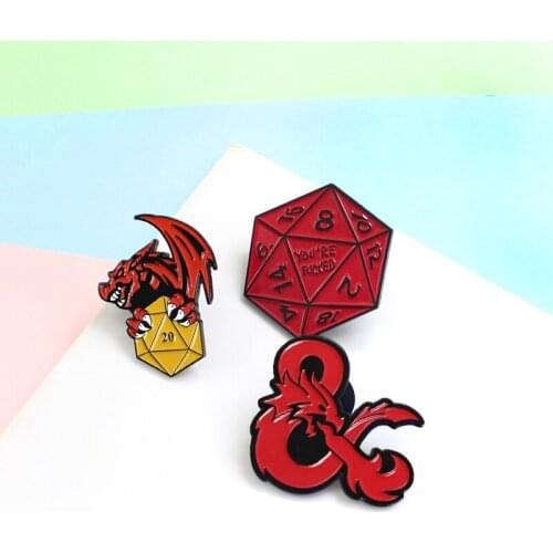 Red Hot Dungeons And Dragons "You're f**ked" D20 Polyhedra Dice Enamel Lapel Pins Game Boy Sign Brooches For Men Jewelry