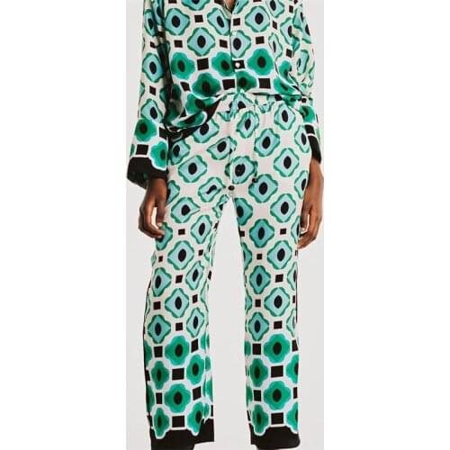 Trousers 2021 Fashion Geometric Graphic Print Y2k Retro Drawstring Side Pockets Silk Trousers Women High Waist Pants For Women