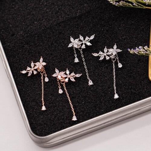 Two Ways Flower Earrings with Long-chain Botanical Floral Threader Earrings Crystal Pave Cubic Flower Long Earrings Wedding JG32