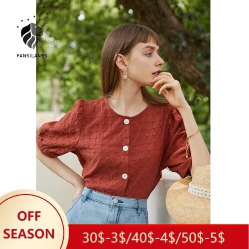 FANSILANEN Office Lady Crew Neck White Shirt Summer Thin Style Design Minor Puff Sleeve Brick Red Shirt Chic Puff Sleeve Top