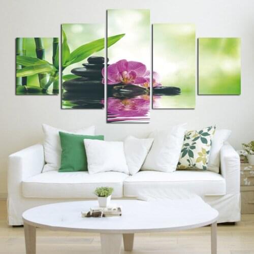 Tableau Wall Art HD Printed Paintings Pictures Canvas 5 Panel Pink Orchids Bamboo Stone Water Home Decor Modern Modular Posters