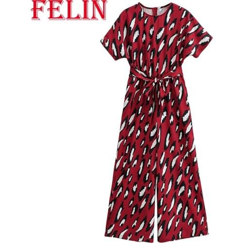 FELIN Women Red Jumpsuit Za Fashion New 2021 O-Neck Ditsy Floral Printed Casual Lace Waist Rompers Female Bodycon Mujer