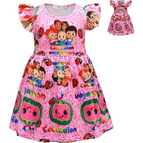 Fashion Summer Girl Cartoon Paint Cocomelon Flying Sleeves Dress Kids Carnival Clothes Party Dress Up