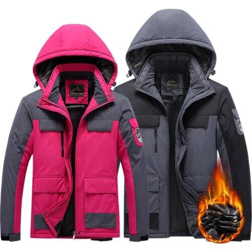 Mens Winter Fleece Hiking Jackets Outdoor Sports Splicing Waterproof Windbreaker Trekking Camping Plus Size Hooded Thermal Coat