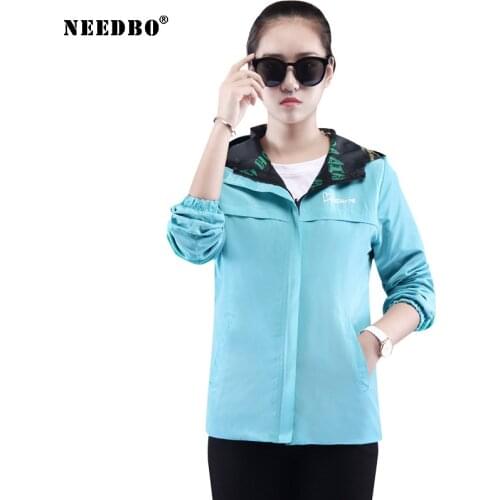 NEEDBO Women Hooded Jackets Two Side Wear Print Outwear Coat Female Windbreaker Tops Pocket Zipper Jackets Causal Windbreaker