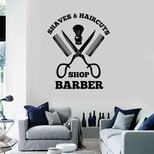 New Arrival Gentlemens Barber Shop Sign Wall Window Decals Tools Haircuts Shaves Stickers Creative Posters Removable Decor P585
