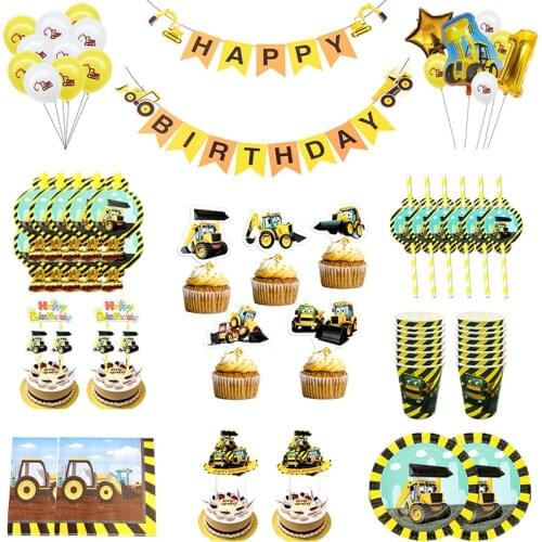 Cartoon Tractor Excavator Party Disposable Tableware Paper Cup Plate Straw Kids Birthday Party Baby Shower Decoration Supplies