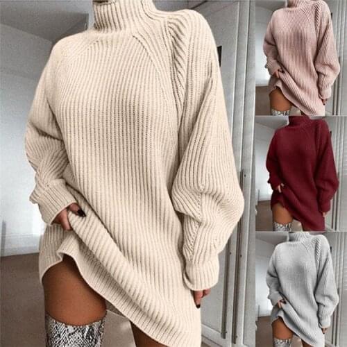 Wholesale Winter Thick Loose Turtleneck Knitwear Ladies Pullover Pull Sleeve Plain High Neck Midi Long Sweaters For Women