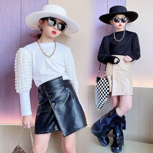 Girls autumn suit skirt 2021 new childrens long-sleeved top leather pants short skirt fried street two-piece net red foreign