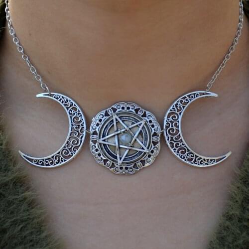 Retro Wicca Pagan Necklace Crescent Moon Pentagram Necklaces Witch Pendant Jewelry