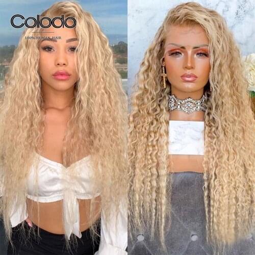 High Density Blonde Curly Human Hair Wig with Baby Hair Pre Plucked Side Part 13x4 Lace Front Human Hair Wigs for Women COLODO