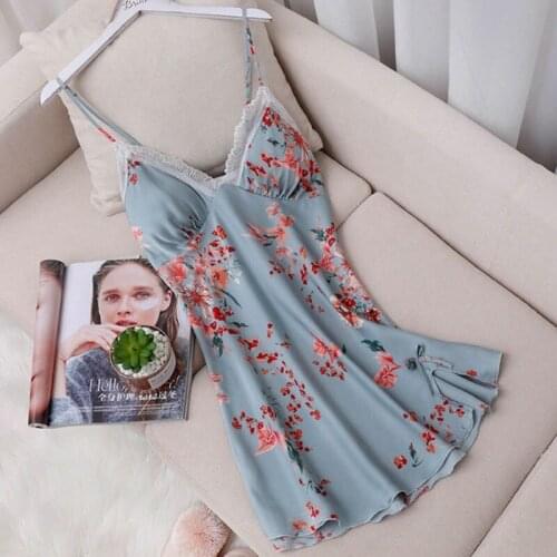Sexy Spaghetti Strap Sleep Nightgown Summer Womens Print Nightdress Satin Lace Backless Nighty Gown Lounge Backless Home Dress