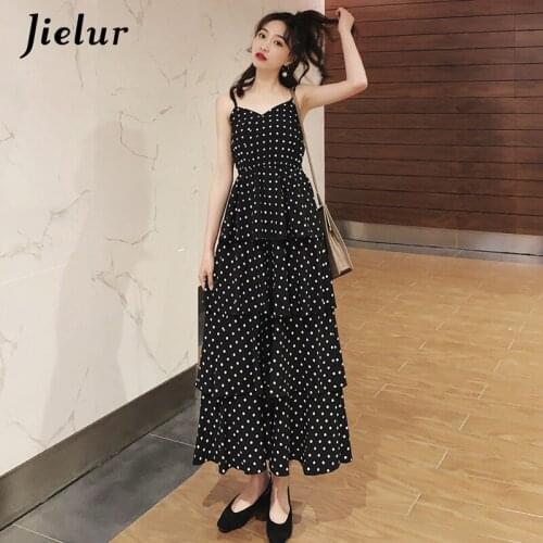 Jielur Spaghetti Strap Dots Summer Dress Printed Female Dresses Ruffle Woman High Waist V Neck Sukienka Mujer Black White Dress