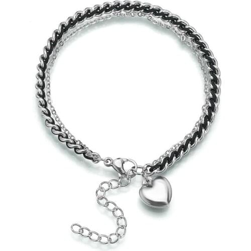 Braided black rope Bracelet Double Layer love heart stainless Steel chain Bracelets & Bangles Jewelry For Women Famous Jewelry
