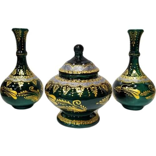 Bus station english traditional Tile Ottoman Handmade 3 Piece trinket vase pitcher Set decoration Emerald Gold silver Color Gilded