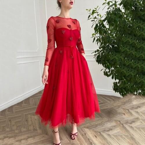 Modest Red Prom Dresses 2021 Beads Hearty Long Sleeve Pageant Evening Gowns Dots Tulle Short Wedding Party Dress Tea Length Sash