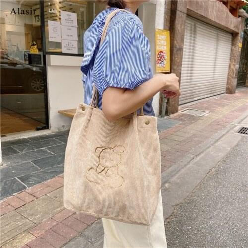 Alasir New Corduroy Embroidered Shoulder Bag Cute Bear Simple Canvas Bag for Female Students Handbags Women Casual Tote Bags
