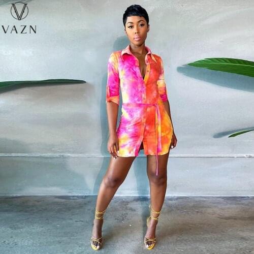 VAZN New 2021 Tie Dye Print Party Going Out Wear Age reduction Summer Boho V-Neck Full Sleeve Party Beach A-line Dress