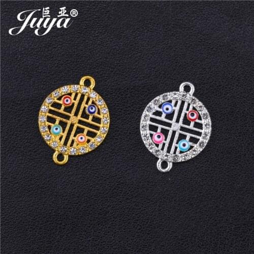 JUYA 10pcs/lot 24.5x18.5mm Alloy Turkish Evil Eye Diamond Charms Connector 4 Evil Eyes Jewelry For Bracelet Connector DIY Making