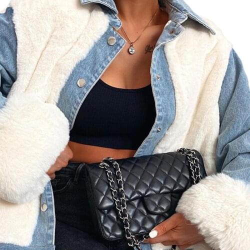 Women Plush Denim Jacket, Winter Adults Long Sleeve Lapel Patchwork Outerwear (White) Winter Thin Coat