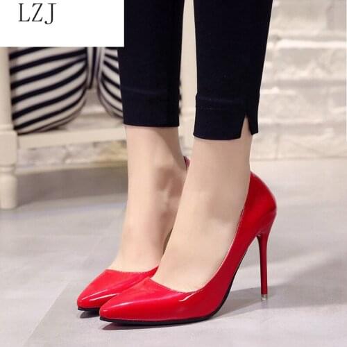 Plus Size 34-40 Hot Women Shoes Pointed Toe Pumps Patent Leather Dress High Heels Boat Wedding Zapatos Mujer Blue Wine Red