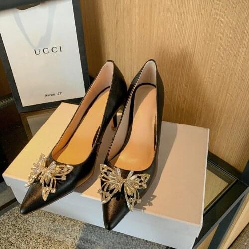 OLOMLB Womens Pointy Toe Rhinestones 3D Butterfly Crystal Genuine Leather Stilettos High Heel Pumps Shoes Black Yellow New 2021