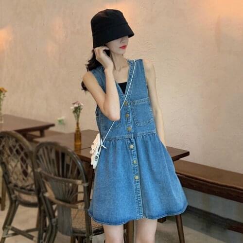 Summer Denim Sundress Women Sleeveless Suspenders Dresses Korean High Street Single Breasted Mini Jeans Dress Vestidos