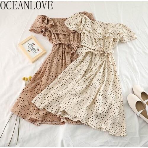 OCEANLOVE Ruffles Print Floral Women Dress 2020 Spring Summer Bow Vestidos Chiffon Beach Style Student Sweet Mini Dresses 13838