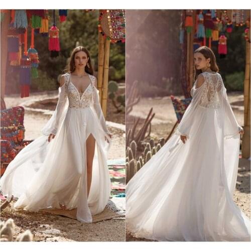 2020 Split Wedding Dresses With Wrap Lace Appliqued Beach Spaghetti V Neck A Line Bridal Gowns Vestido De Novia