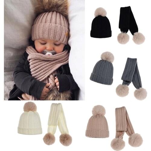 2Pcs/Set Cute Pompom Baby Hat Scarf Winter Thick Warm Knitted Cap Solid Color Children Boys Girls Beanie Scarves